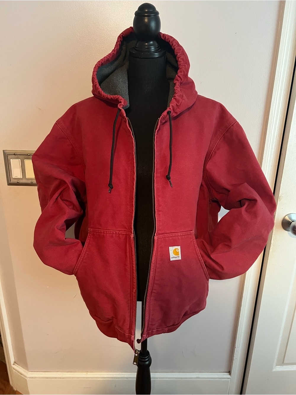 Carhartt J158 DKH Red Jacket Mens Large Duck Red Fleece Lined Hooded Vintage